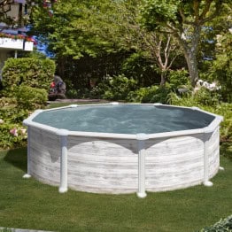Kit piscine hors sol acier ronde Groenlandia aspect bois blanc