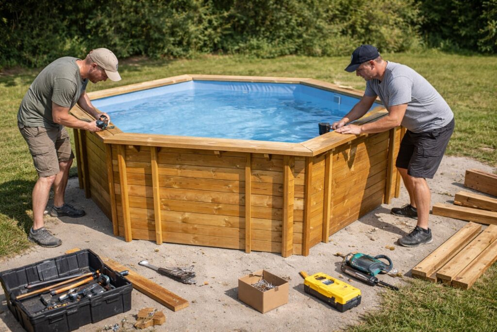 Montage piscine en bois